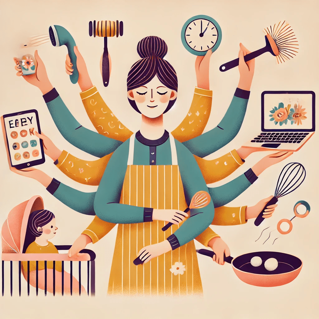 Illustration of an Indian mom with multiple arms doing various tasks like cooking, working on a laptop, holding a baby, managing chores, and handling a clock.