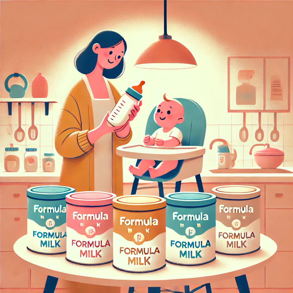 Flat lay of baby formula milk powder, feeding bottle, scoop, and bib arranged on a clean surface, symbolizing baby feeding essentials in India.