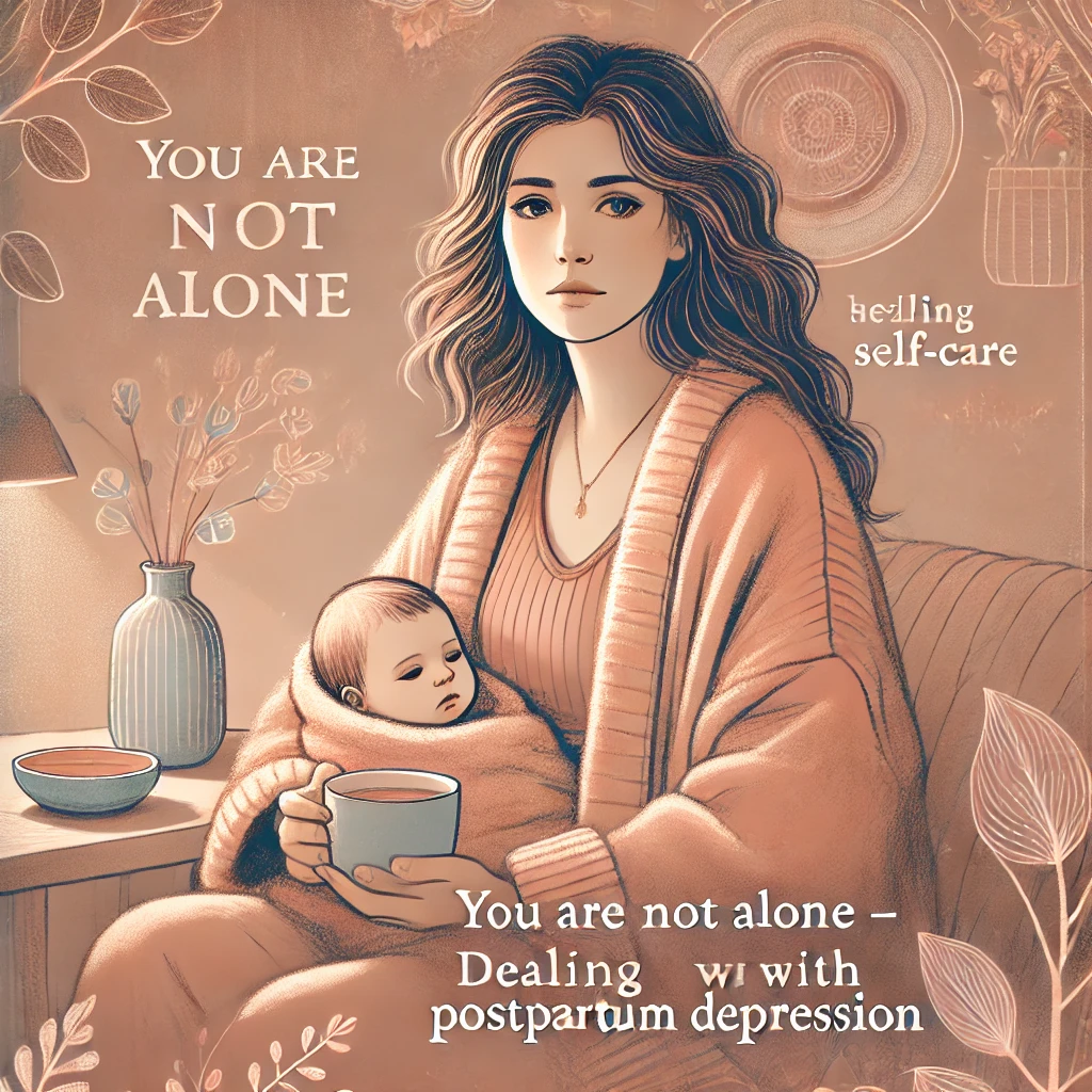 A new mother sitting by a window, holding her baby, looking thoughtful and emotional.