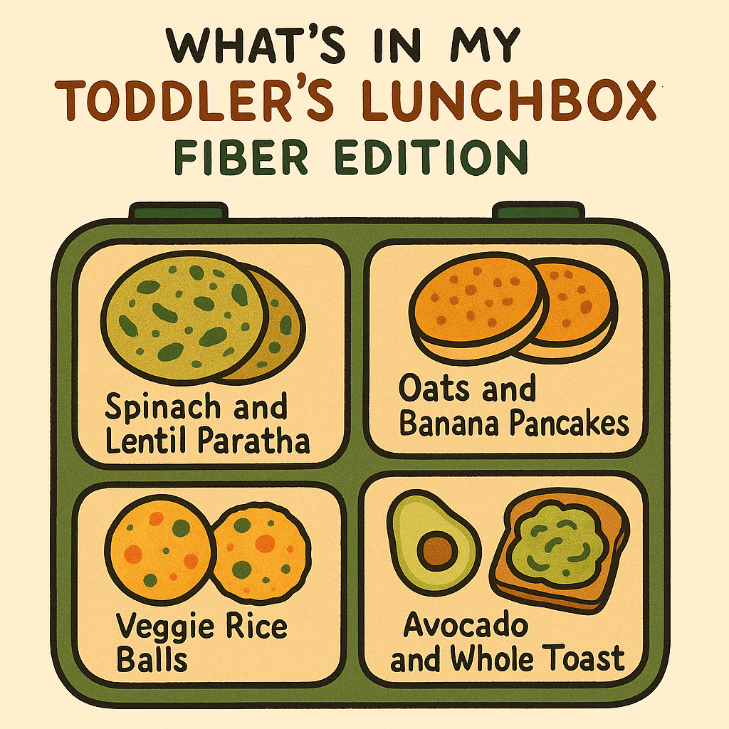 Illustrated toddler lunchbox with four compartments showing Spinach and Lentil Paratha, Oats and Banana Pancakes, Veggie Rice Balls, and Avocado Whole Wheat Toast, labeled and in a colorful, cartoon style.