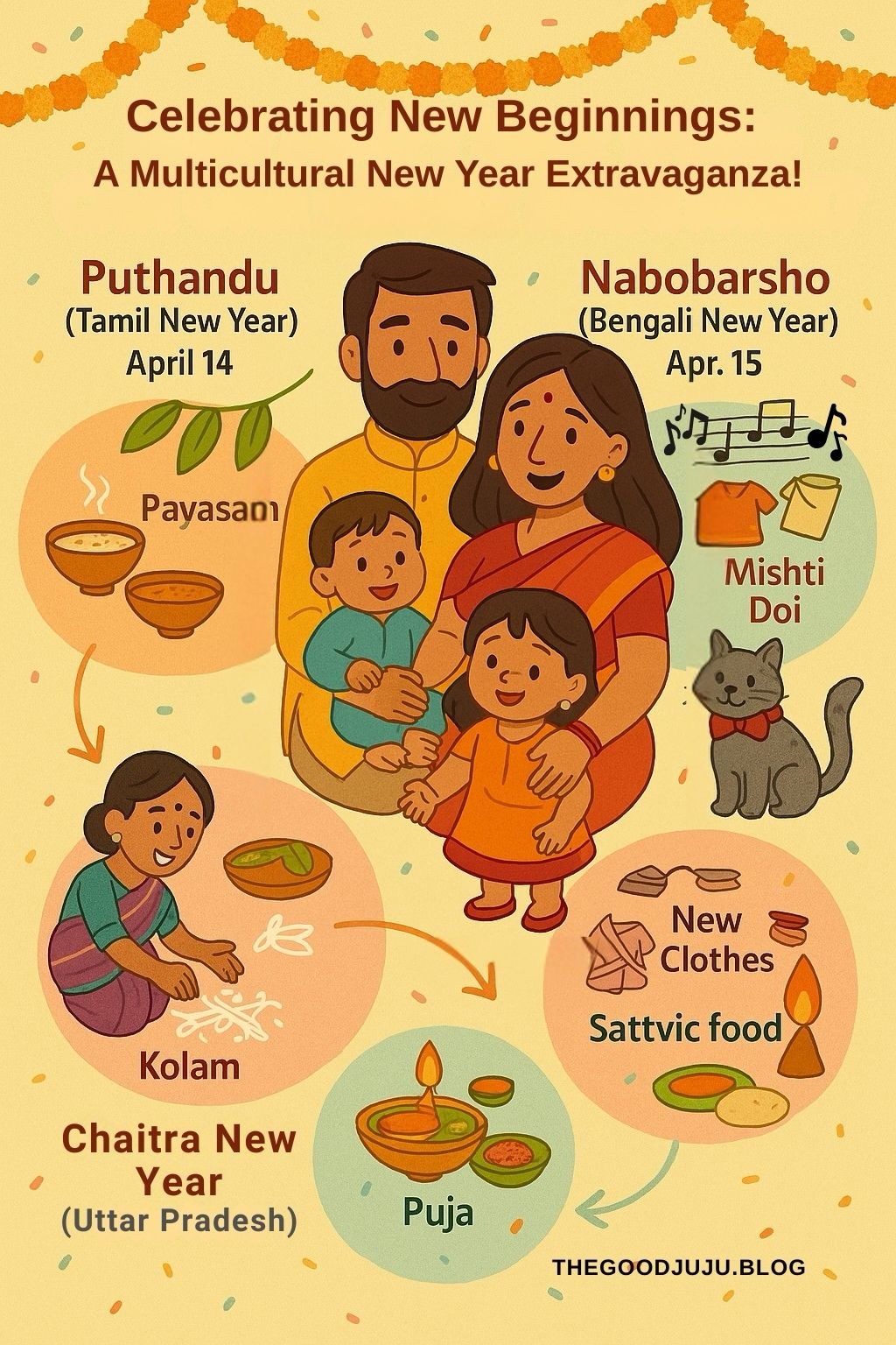 Colorful infographic showing a family celebrating multiple Indian New Year traditions—Puthandu (Tamil), Nabobarsho (Bengali), and Chaitra New Year (North Indian)—with symbols like kolams, sweets, traditional attire, and cultural icons, representing unity in diversity in an Indian household.