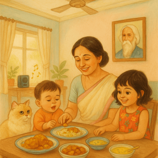 A Bengali mother in a light cotton saree celebrates Poila Boishakh at home with her one-year-old son and three-year-old daughter, all dressed in colorful new outfits. Traditional Bengali dishes like pulao, dhokar dalna, and kacha aam chutney are served on the table. A fluffy cat sits nearby, eyeing the food. The room blends modern and Bengali decor, with a portrait of Rabindranath Tagore and a small speaker playing Rabindra Sangeet in the background. The atmosphere is warm, joyful, and nostalgic.