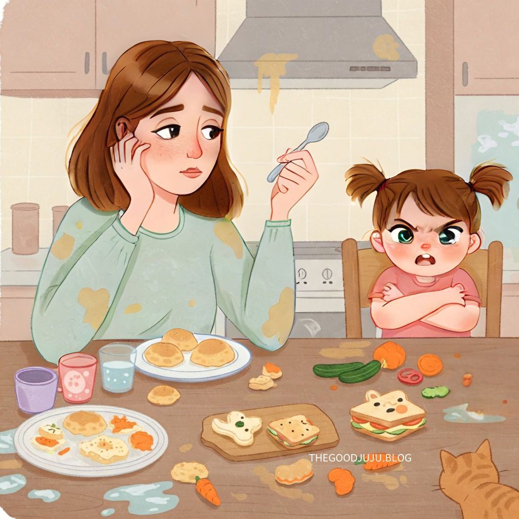 Frustrated mom trying to feed her picky toddler who refuses to eat, with a plate of untouched food and a playful, fussy child at the dinner table. Tips on dealing with toddler eating struggles.