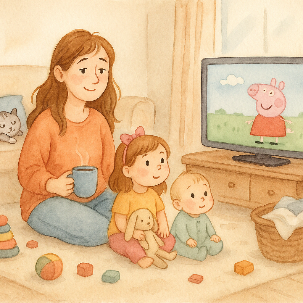 A warm, watercolor-style illustration of a tired but content mom sitting on the floor with a cup of tea, next to her toddler daughter and baby son who are watching Peppa Pig on TV. The room is cozy and slightly messy, with toys scattered, a laundry basket nearby, and a sleepy cat on the couch.