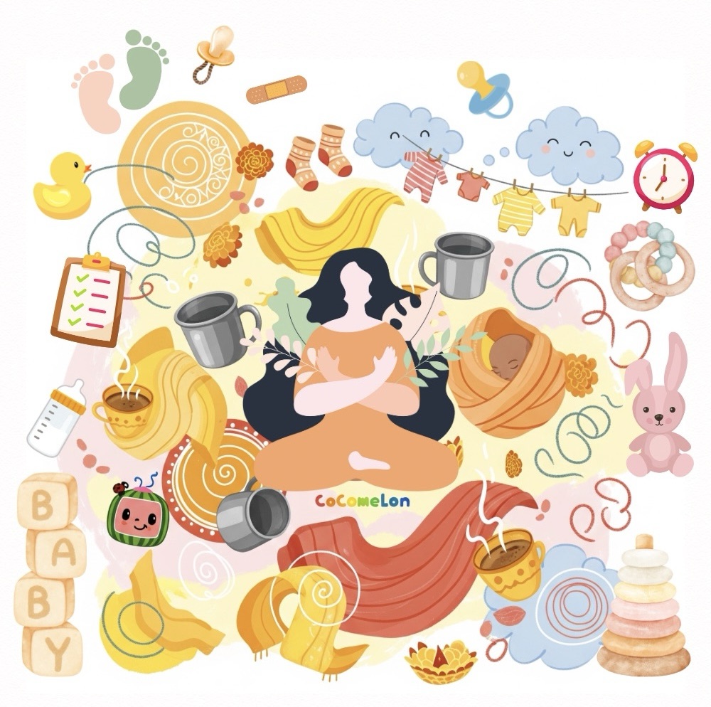Illustration of a mother sitting calmly with a baby nestled beside her, surrounded by whimsical elements of everyday Indian motherhood—chai cups, laundry, baby clothes, toys, Cocomelon, pacifiers, and soft blankets—symbolizing mindfulness in routine.