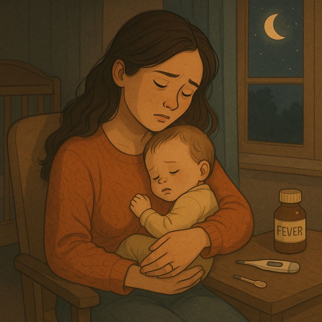 Mother holding her sleeping baby at night, looking worried, with fever medicine and a thermometer on the table.