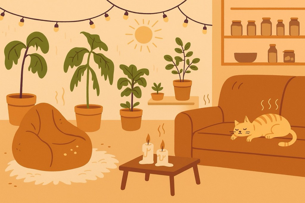 A flat-style digital illustration of a hot Indian home interior featuring a sagging bean bag, melted candle, dusty fairy lights, and a drooping indoor plant.