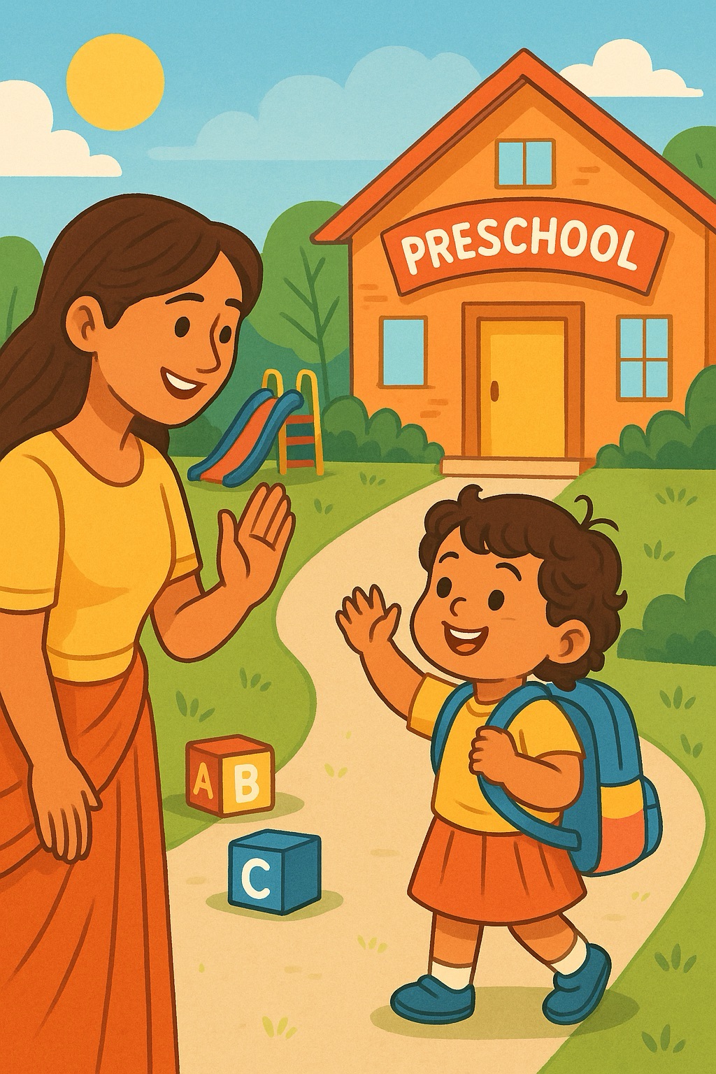 Indian toddler waving goodbye to mom at a preschool entrance on her first day of Pre-KG, with colorful school elements in the background.