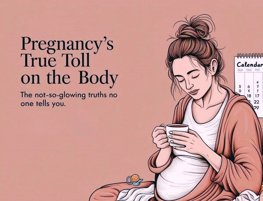 Illustration of a tired Indian mom with a messy bun and tea, surrounded by baby items, representing postpartum recovery