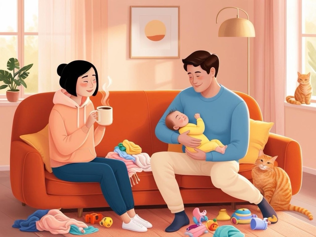 Illustration of a happy family at home—mother drinking coffee, father holding a baby, surrounded by toys, laundry, and two orange tabby cats.