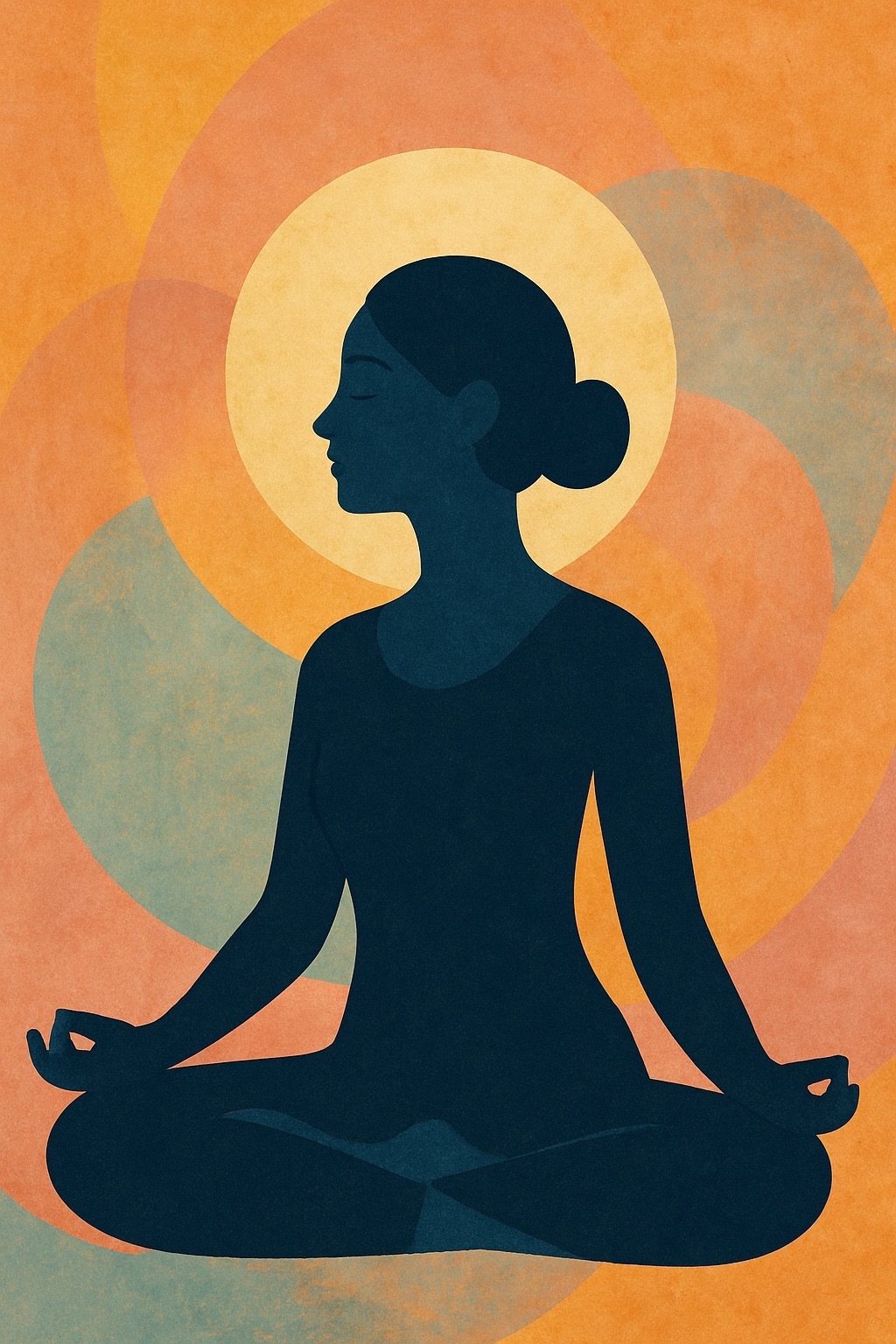 Abstract painting with warm oranges and yellows blending with cool blues and teals, symbolizing calm, balance, and mindfulness.