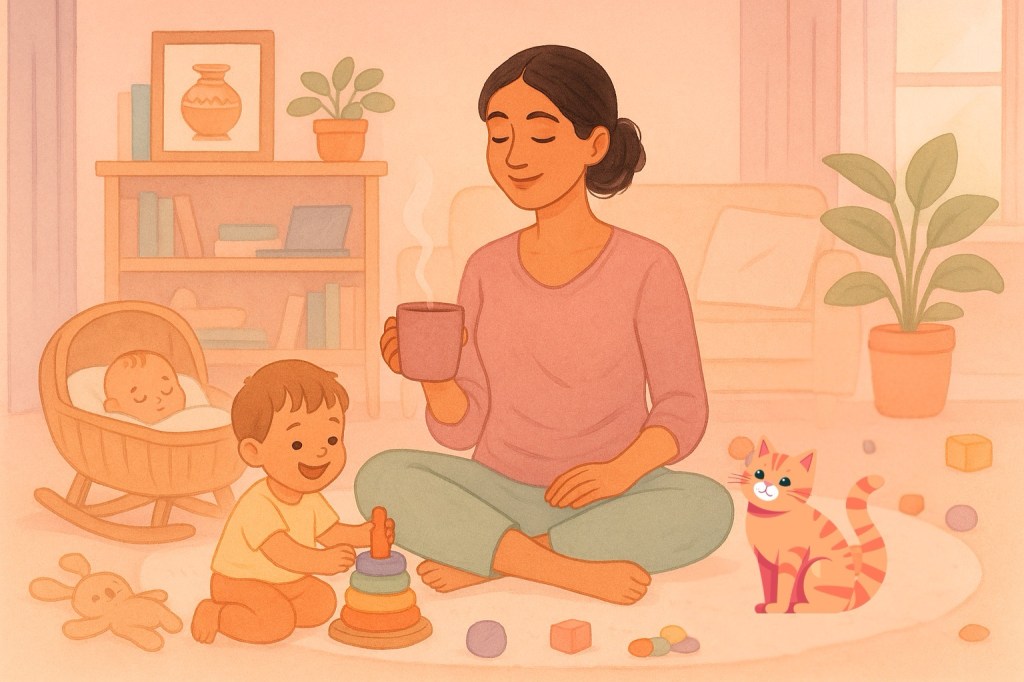Illustration of a calm mother meditating on a soft rug in a cozy living room, with a toddler quietly playing nearby and a baby sleeping in a cradle by the window. The room is warmly lit with pastel tones and soft textures.