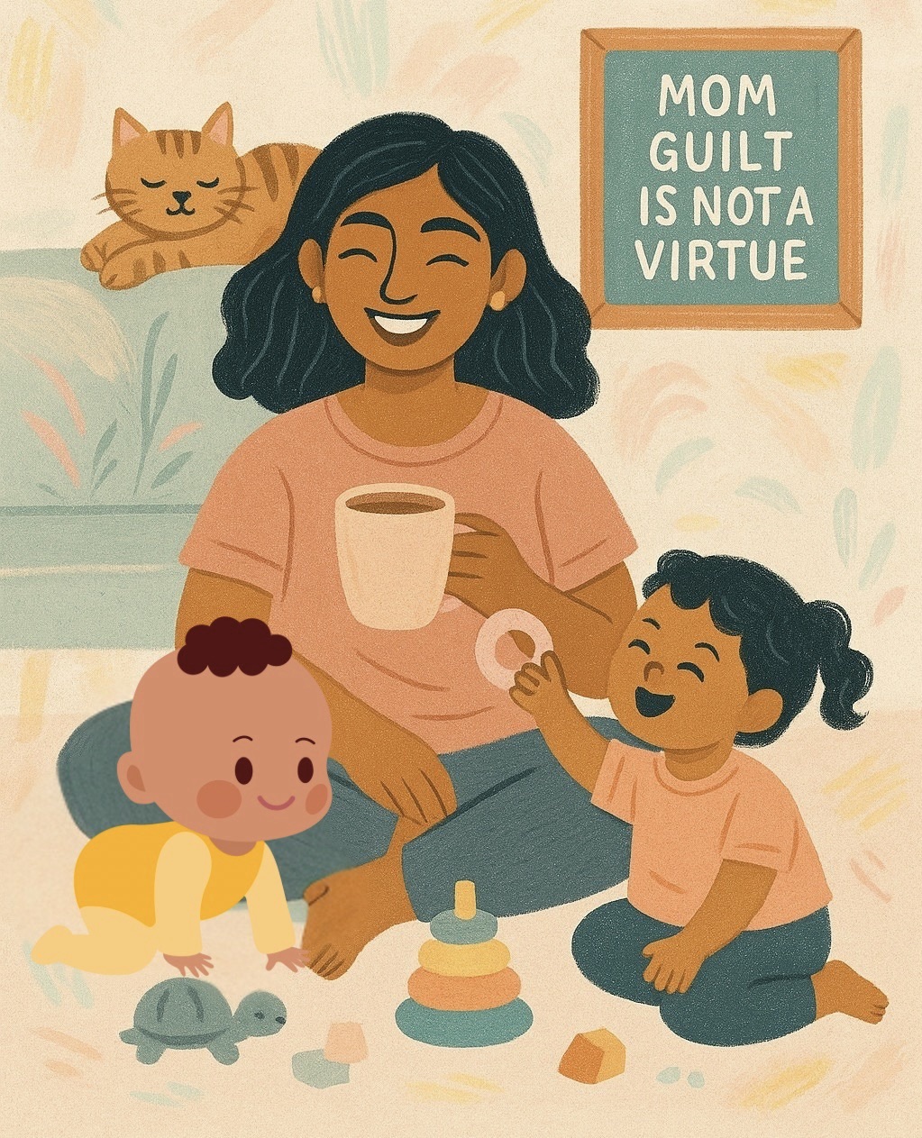 Digital illustration of a smiling South Asian mother with medium brown skin and shoulder-length dark hair, sitting with a cup of chai in a cozy pastel-toned living room. Her toddler offers her a toy, while a tabby cat lounges beside them. A framed quote on the wall reads: “MOM GUILT IS NOT A VIRTUE.”