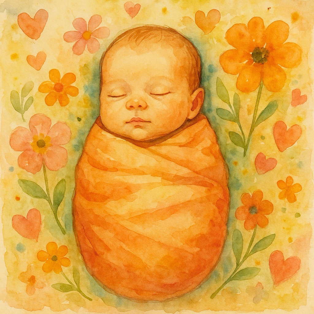 Watercolor painting of a sleeping newborn baby swaddled in orange, surrounded by pastel flowers and heart shapes.
