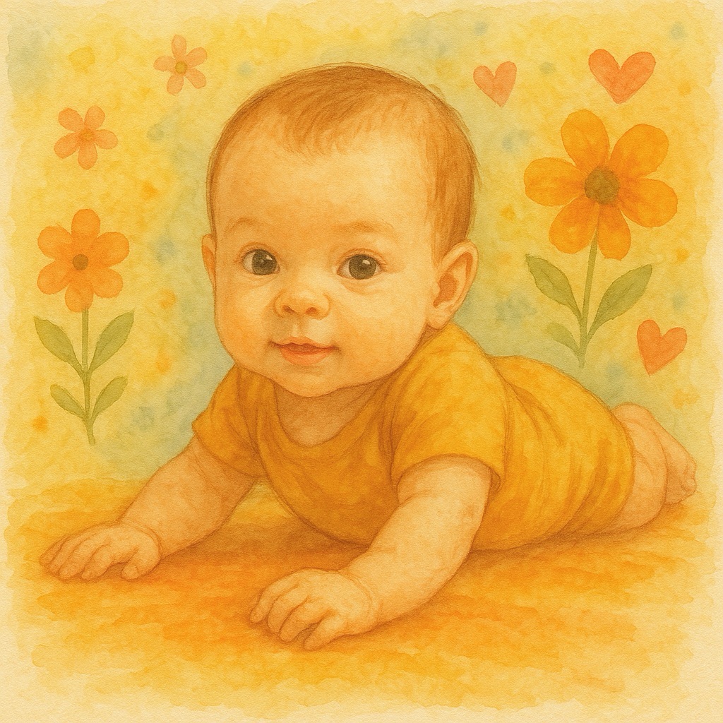 Watercolor painting of a smiling two-month-old baby doing tummy time, lifting their head, with soft floral and heart decorations in the background.