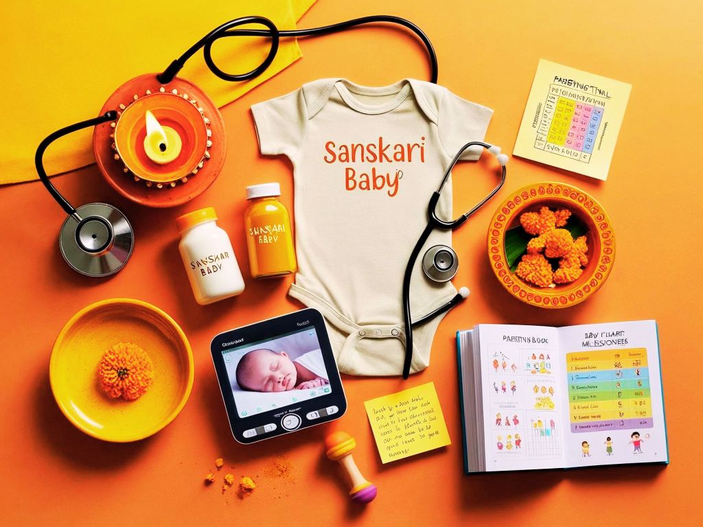 Flatlay illustration featuring a diya, a “sanskari baby” onesie, a turmeric milk bottle, a parenting book, and a puja thali arranged together to represent the blend of traditional Indian culture and modern parenting tools.