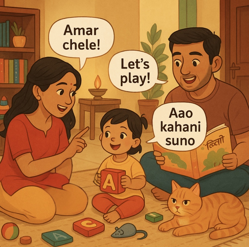 Illustration of an Indian family teaching a toddler three languages—Bengali, Hindi, and English—at home, with their cat sitting nearby.