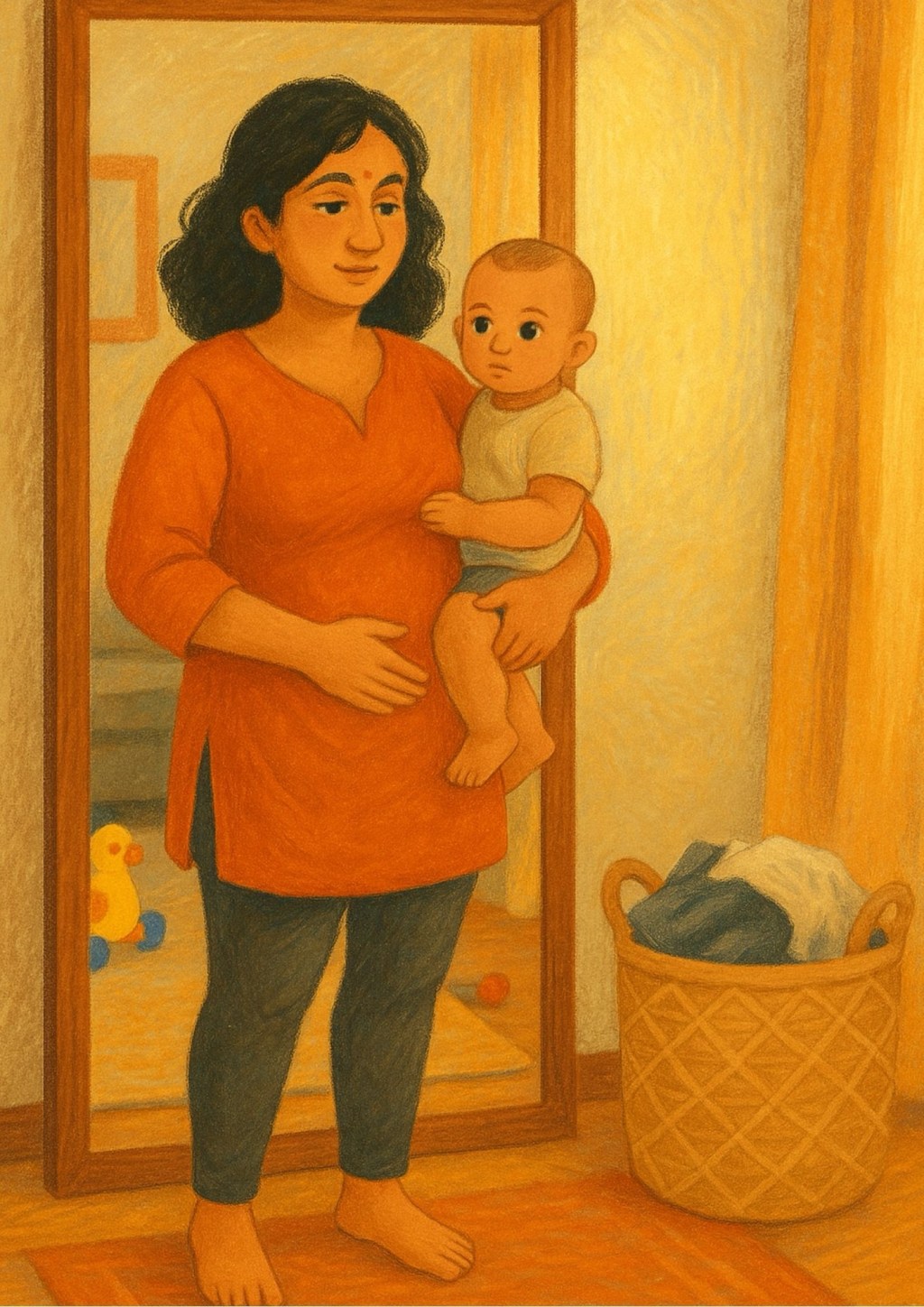 Indian mother holding baby in front of mirror, reflecting on her postpartum body with warmth and self-compassion