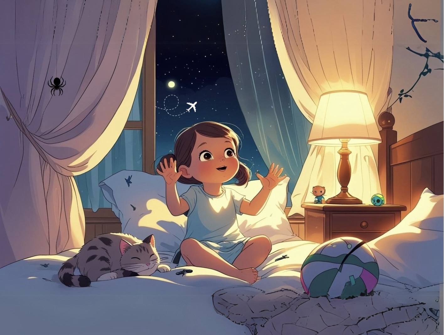 Illustration of a curious toddler sitting up in bed at night, animatedly talking while a cat sleeps nearby, with a glowing bedside lamp, toys, a visible airplane in the night sky, and a cartoon spider on the curtain—capturing the wonder of bedtime imagination.