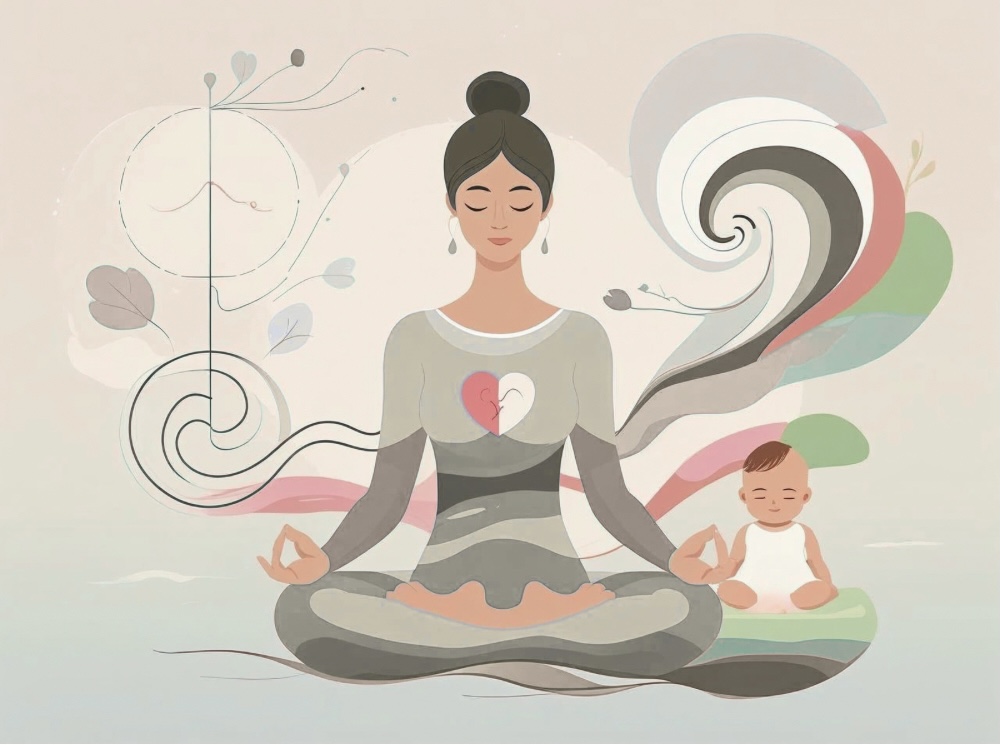 Abstract illustration of a meditating mother and baby surrounded by swirling shapes and heart imagery, symbolizing mindfulness in motherhood