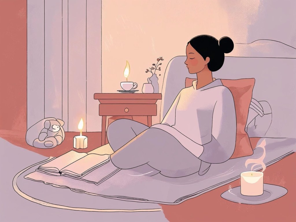 Illustration of a calm mother sitting cross-legged beside her bed, surrounded by candles, a journal, and a cup of tea, practicing a peaceful Sunday night reset ritual.