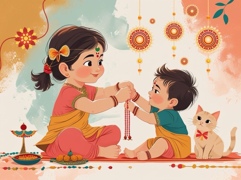 Illustration of a toddler girl tying a rakhi on her baby brother’s wrist. Both kids are wearing festive Indian clothes and sitting on a mat with ladoos and a decorative thali beside them. A cream-colored cat with a red bow sits nearby. The background features abstract festive decor and hanging rakhi patterns.
