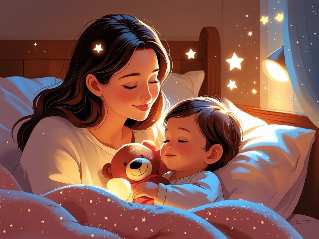 Illustration of a mother gently talking to her toddler at bedtime in a cozy room with soft lighting and a comforting atmosphere.