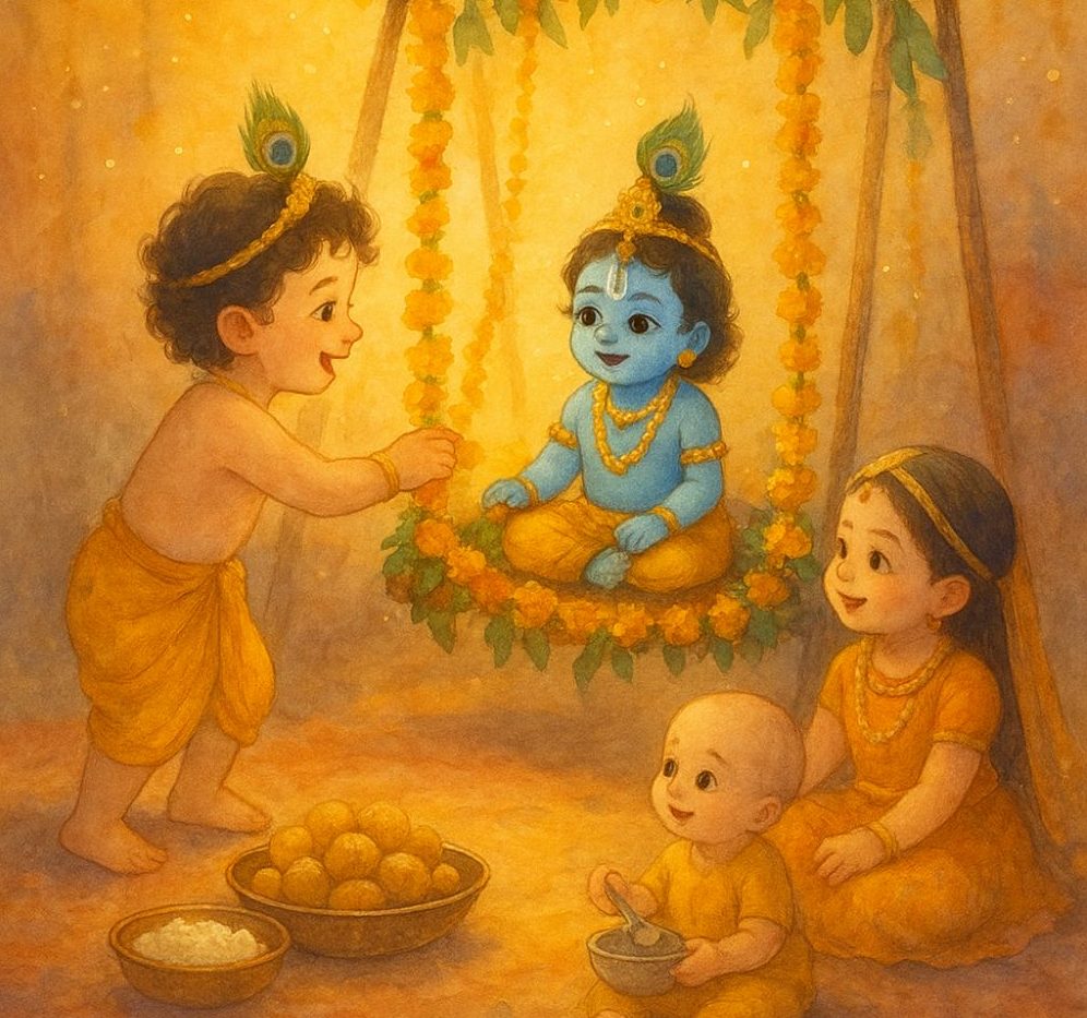 Watercolor scene of Janmashtami in an Indian home, with children around baby Krishna’s flower-decorated swing, marigold garlands, and festive sweets.