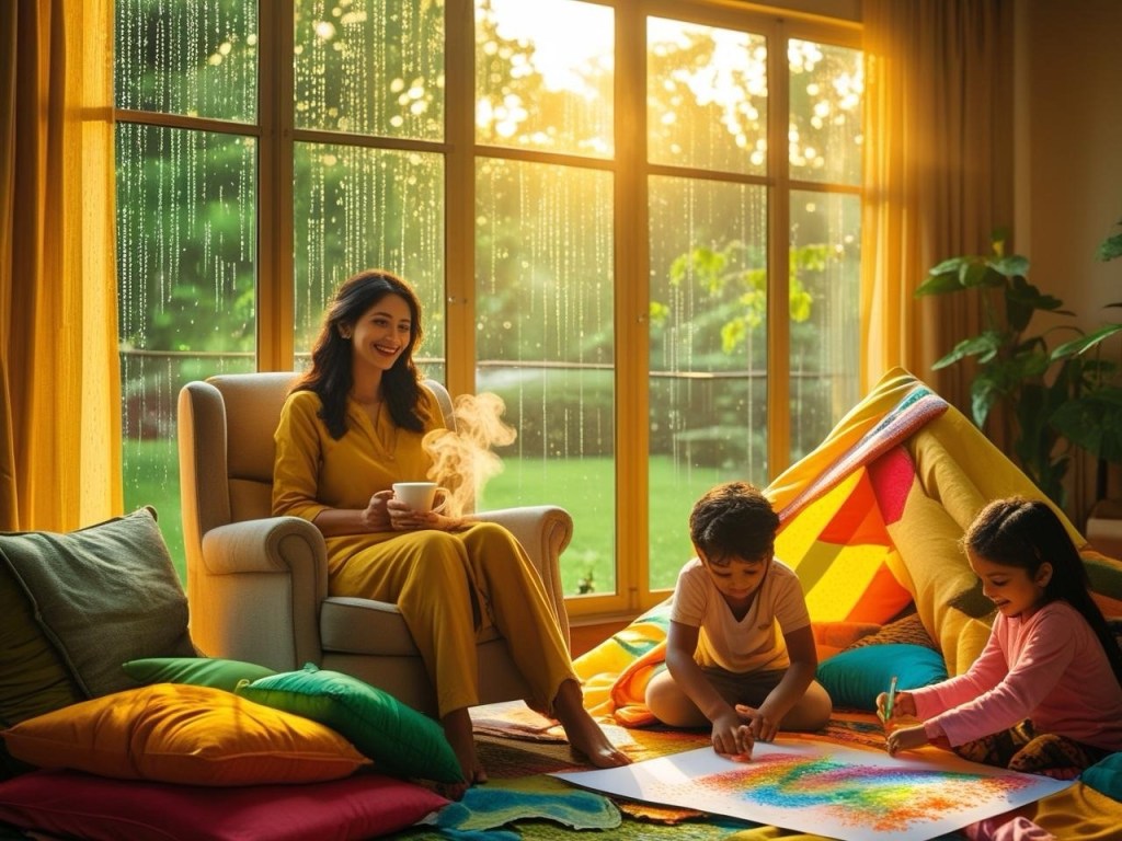 Mom sipping chai while her kids draw indoors near a pillow fort on a rainy day.