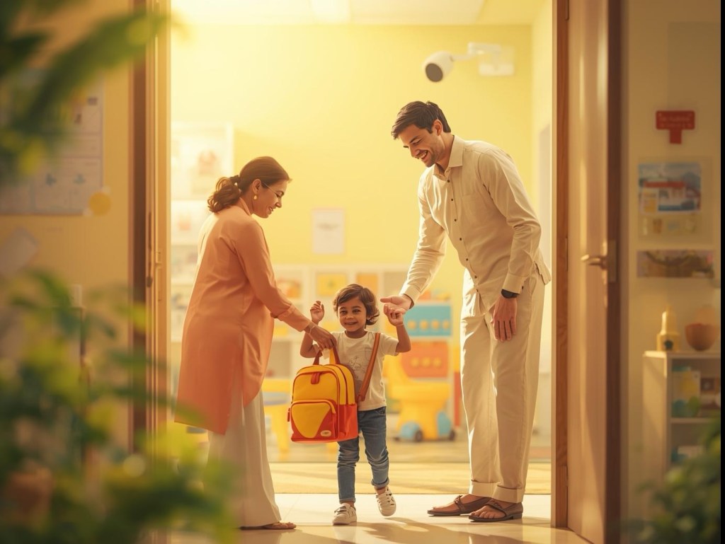 Parents dropping off a smiling toddler with a yellow backpack at preschool, highlighting child safety and a positive school environment.
