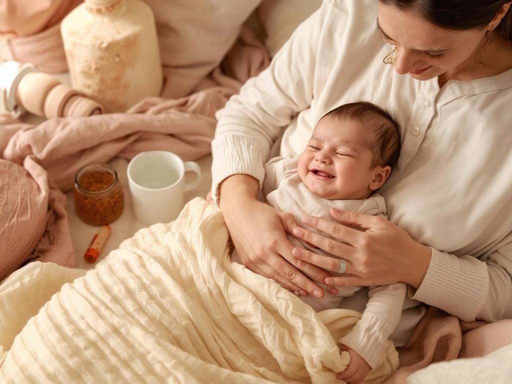Image of a mother gently massaging her baby’s tummy to relieve gas and colic, with warm pastel tones and hints of Indian home remedies like ajwain and warm water in the background.