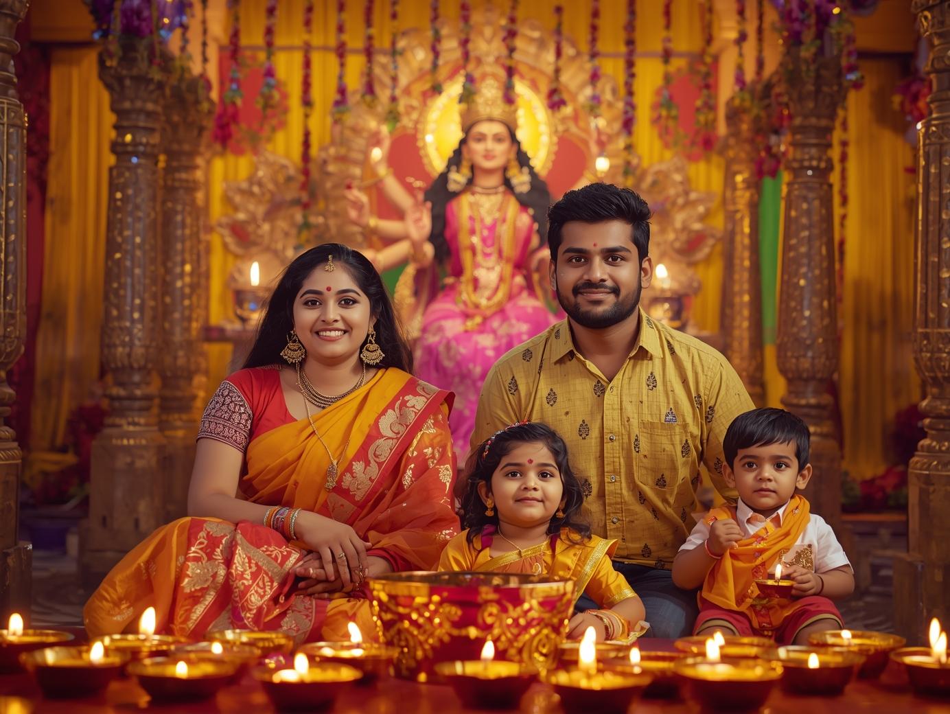Indian family with kids celebrating Navaratri and Durga Puja at home with diyas, marigold garlands, and Durga idol, dressed in colorful traditional outfits.