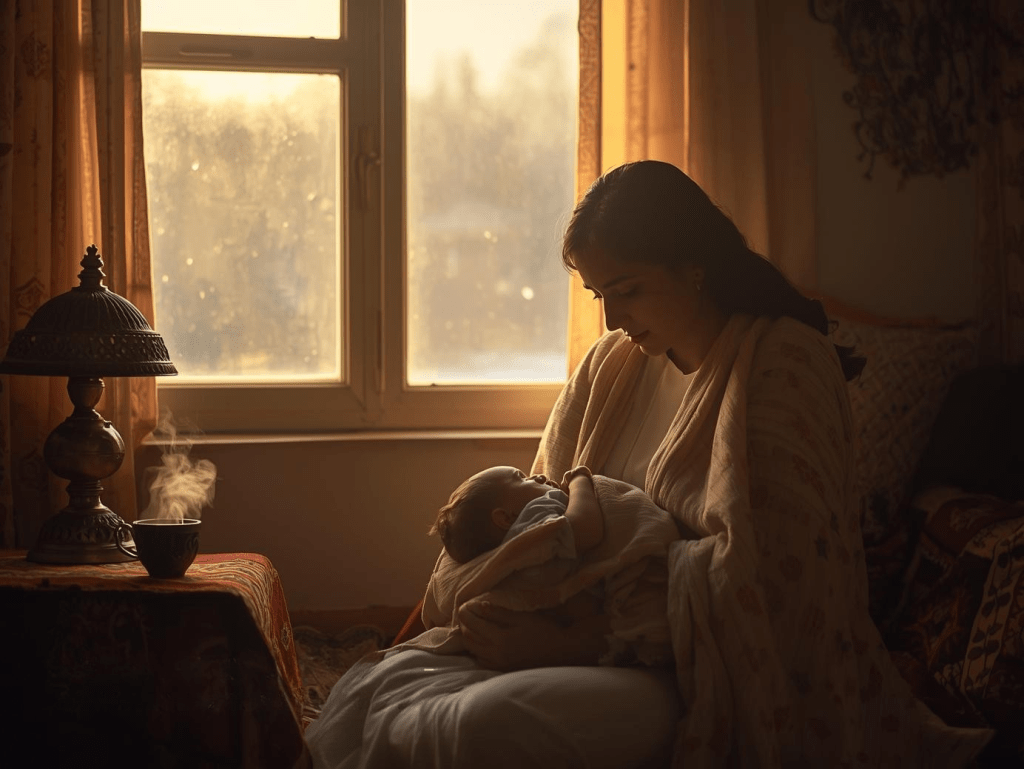 Mother wrapping baby in a soft blanket near a sunny window in an Indian home during winter, symbolizing baby care and warmth in cold weather.