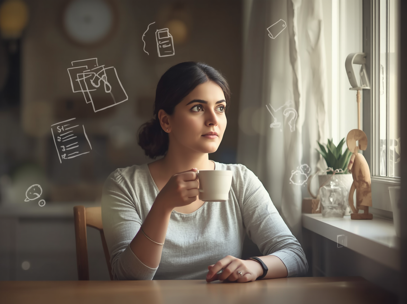 A thoughtful Indian mother sitting by a window with a cup of chai, surrounded by soft domestic details — a child’s drawing, a school bag, a to-do list — representing the invisible mental load that mamas silently carry every day.